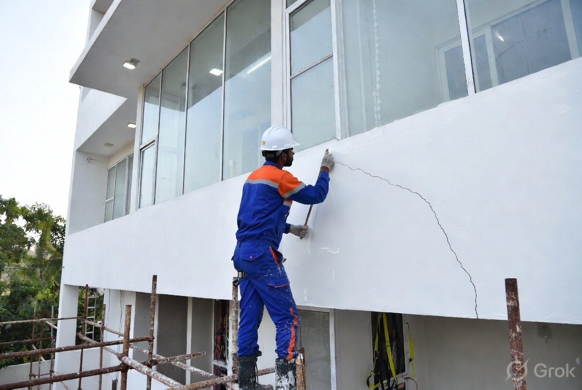 Civil technician repairing wall crack