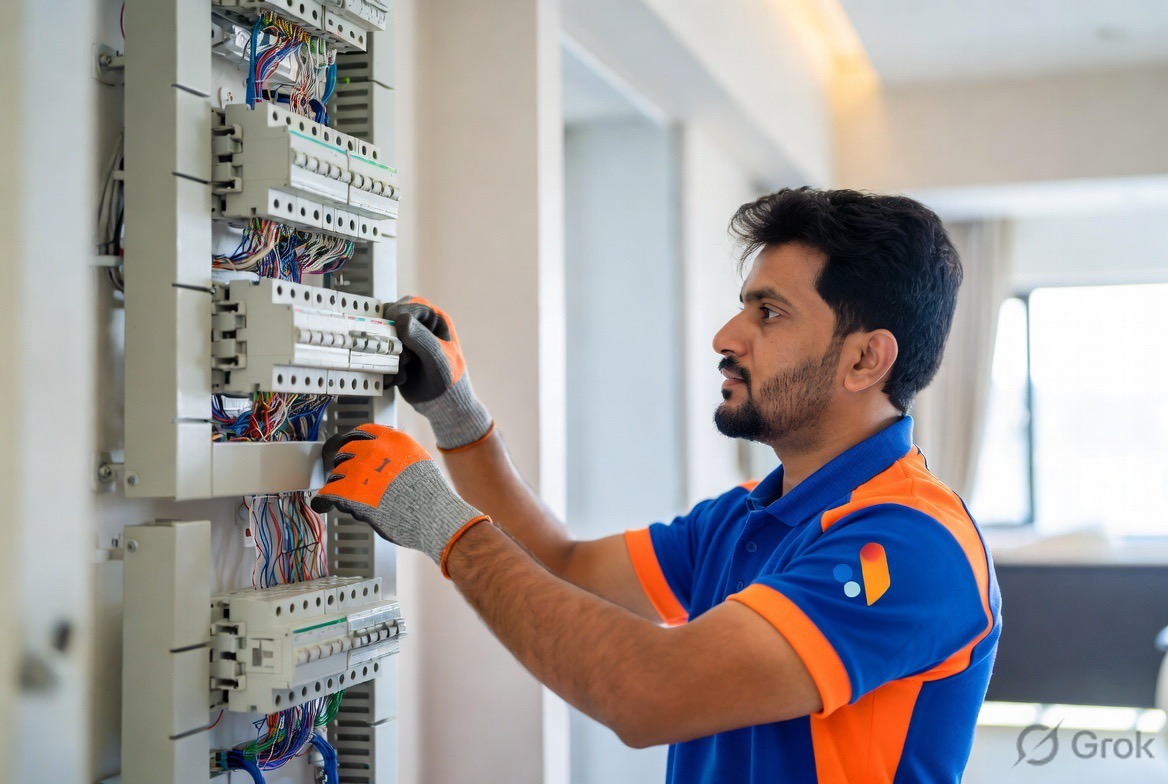 Electrical technician inspecting distribution board